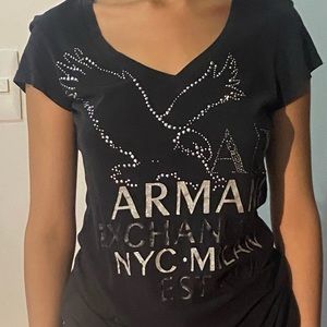 Armani exchange Black v-neckline rhinestone eagle